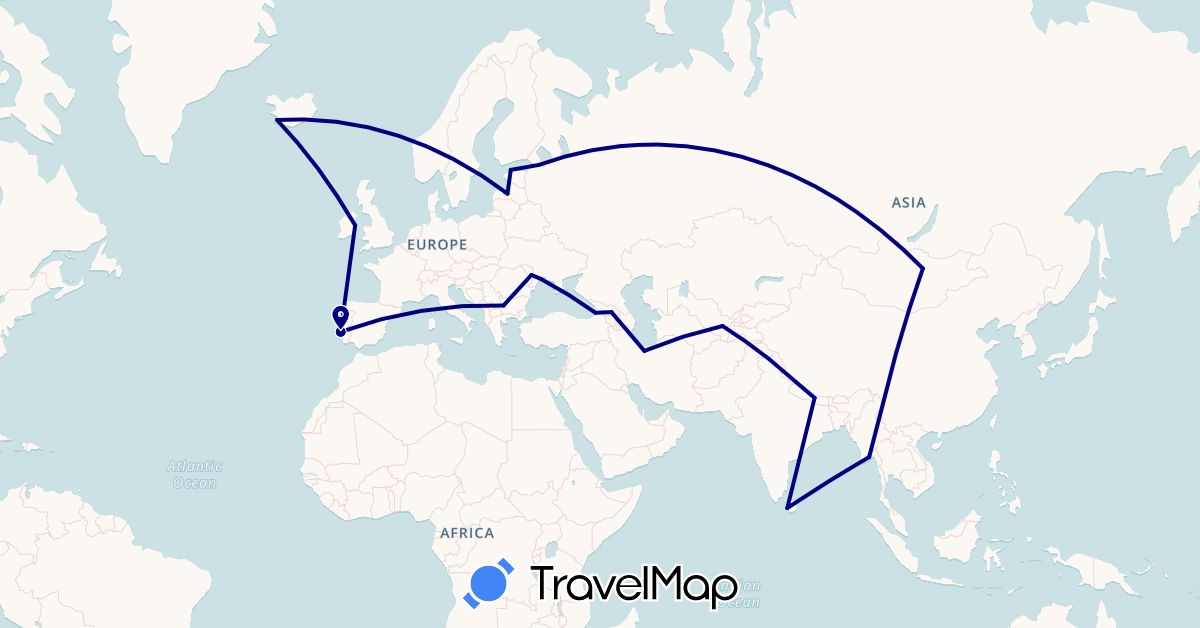 TravelMap itinerary: driving in Bulgaria, Estonia, Georgia, Ireland, Iran, Iceland, Sri Lanka, Latvia, Moldova, Myanmar (Burma), Mongolia, Nepal, Portugal, Russia, Ukraine, Uzbekistan (Asia, Europe)